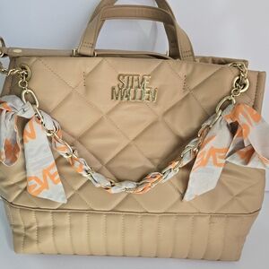 Steve Madden Beige Quilted Tote with Gold Accents